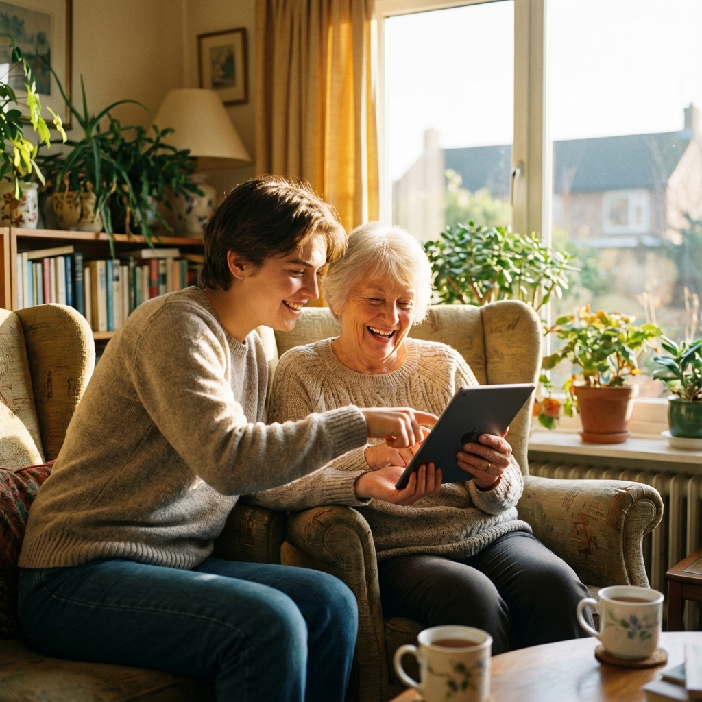 Warm intergenerational connection: Senior woman using a tablet with family support